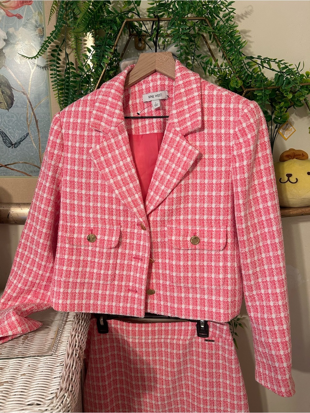 Nine West Pink Plaid Cropped Blazer with Gold Buttons and matching skirt